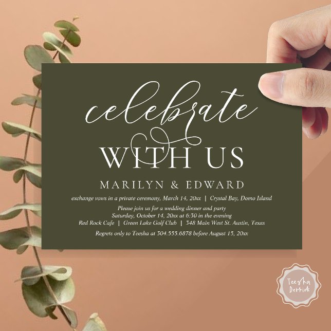 Convite Celebre conosco, Festa de Casamento Intimista (Celebrate With Us, Modern Wedding Dinner Invitation Card, PDF, in Olive Green)