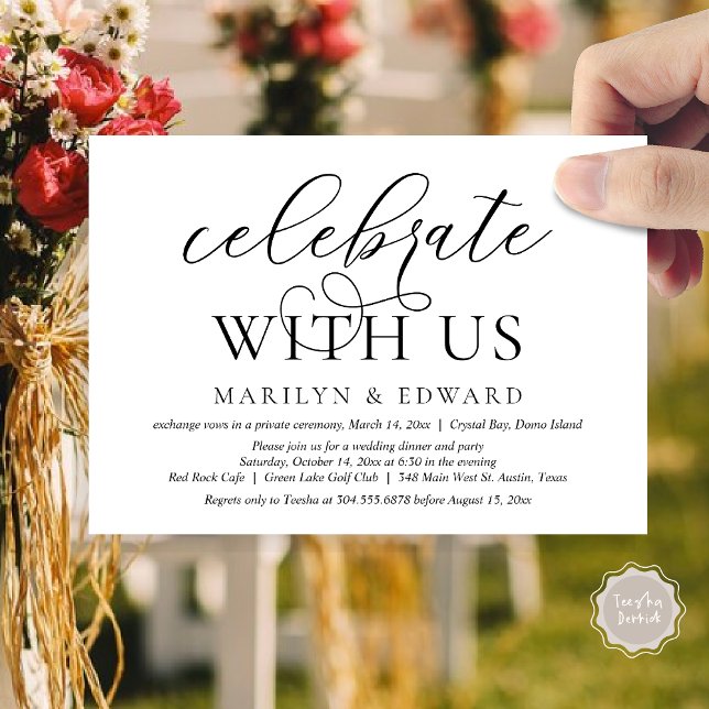 Convite Celebre conosco, Festa de Casamento Intimo (Celebrate With Us, Modern Wedding Dinner Invitation Card, PDF, in Black and White)