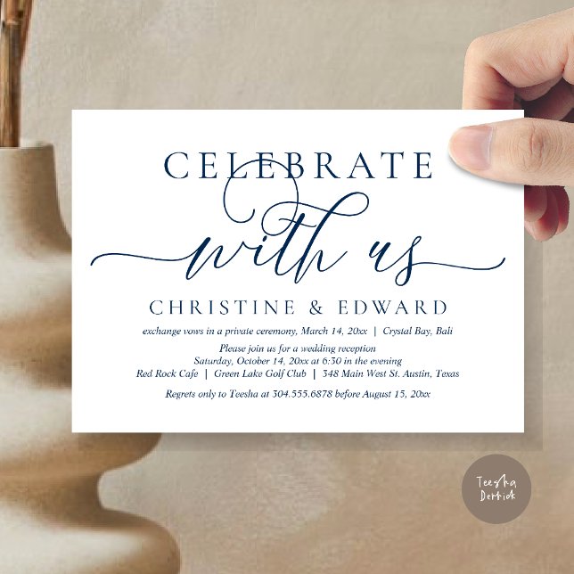 Convite Celebre conosco, Festa de Casamento Íntimo (Celebrate with us, Romantic Modern Wedding Elopement Invitation Card, PDF, in Navy Blue)
