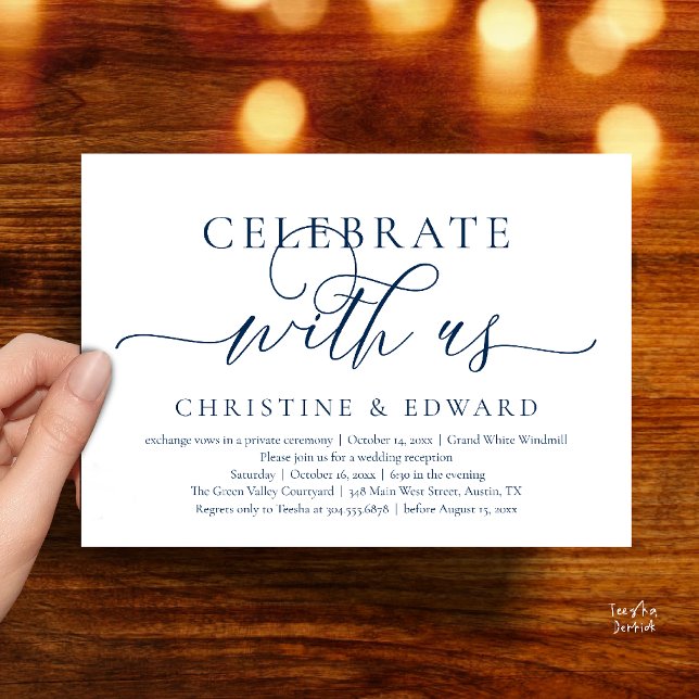 Convite Celebre conosco, Festa de Casamento Íntimo e Sofis (Celebrate with us, Wedding Elopement Dinner Brunch Lunch Party Invitation Card in Navy Blue)