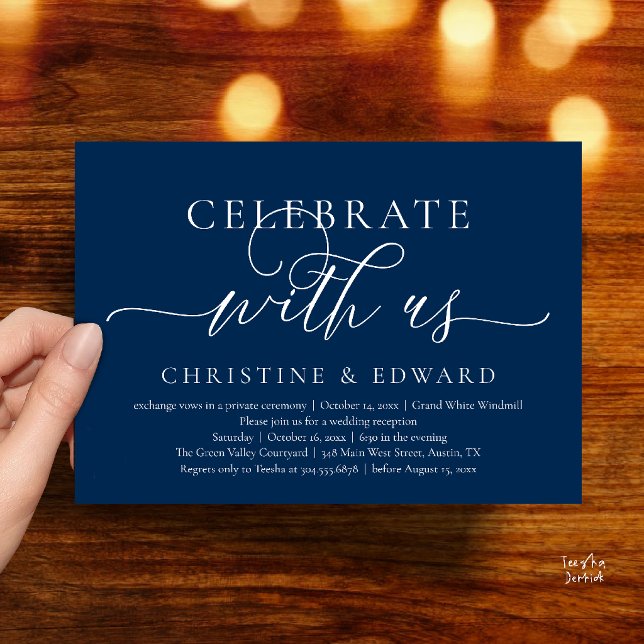 Convite Celebre conosco, Festa de Casamento Íntimo e Sofis (Celebrate with us, Wedding Elopement Dinner Brunch Lunch Party Invitation Card Navy Blue)