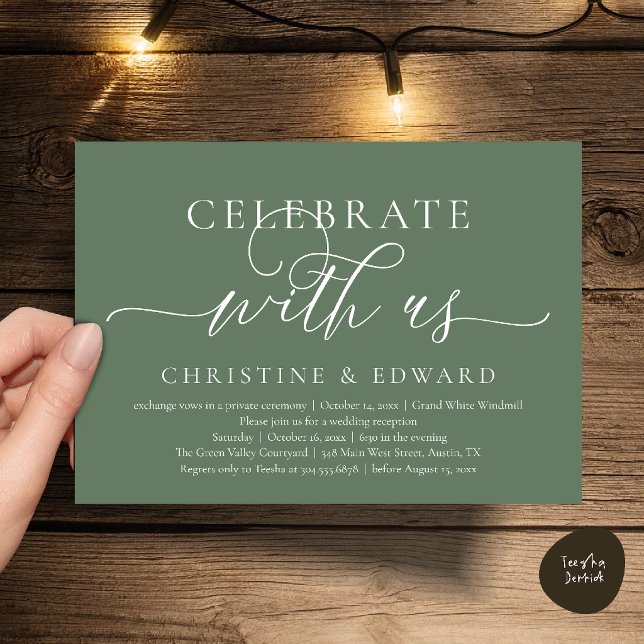 Convite Celebre conosco, Festa de Casamento Íntimo e Sofis (Celebrate with us, Wedding Elopement Dinner Brunch Lunch Party Invitation Card Sage Green)