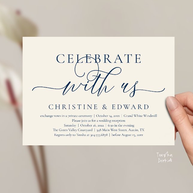 Convite Celebre conosco, Festa de Casamento Íntimo e Sofis (Celebrate with us, Wedding Elopement Dinner Brunch Lunch Party Invitation Card Navy Blue and Ivory)