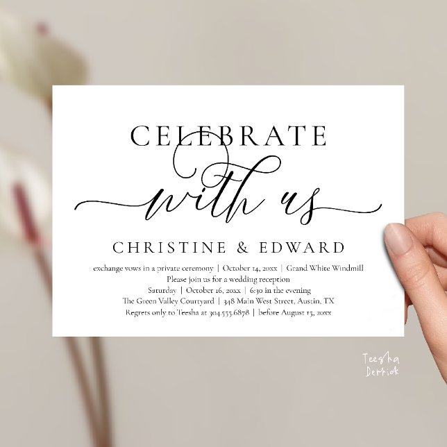 Convite Celebre conosco, Festa de Casamento Íntimo e Sofis (Celebrate with us, Wedding Elopement Dinner Brunch Lunch Party Invitation Card Black and White)