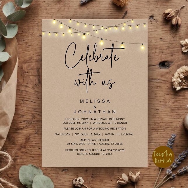 Convite Celebre Conosco, Festa de Casamento Rústico e Fuga (Celebrate With Us, Rustic String Lights Wedding Elopement Party Invitation Card in Brown Kraft)