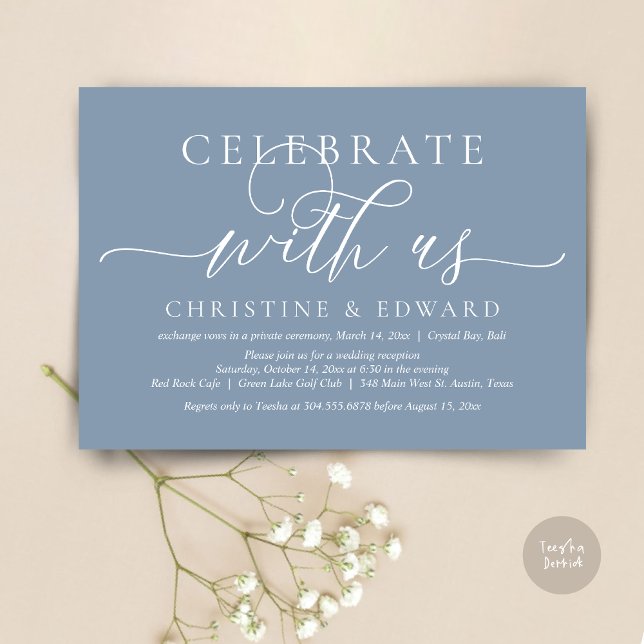 Convite Celebre conosco, Festa de Elopamento, Azul Desbota (Celebrate with us, Romantic Modern Wedding Elopement Invitation Card, PDF, in Dusty Blue)