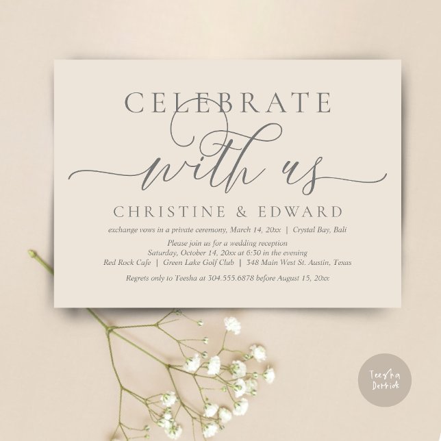 Convite Celebre conosco, Festa de Elopamento, Creme e Cinz (Celebrate with us, Romantic Modern Wedding Elopement Invitation Card, PDF, in Cream Grey)