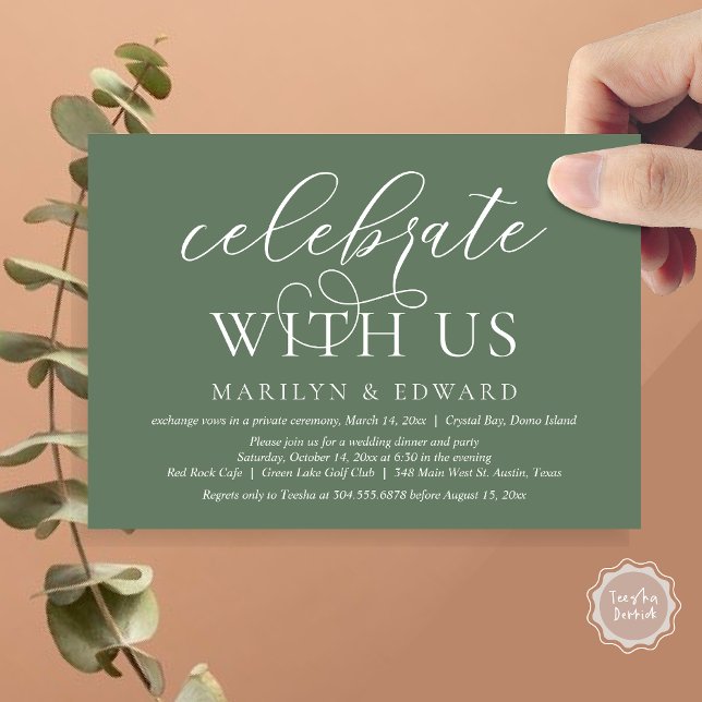 Convite Celebre conosco, Festa de Elopamento de Casamento (Celebrate With Us, Modern Wedding Dinner Invitation Card, PDF, in Forest Sage Green)