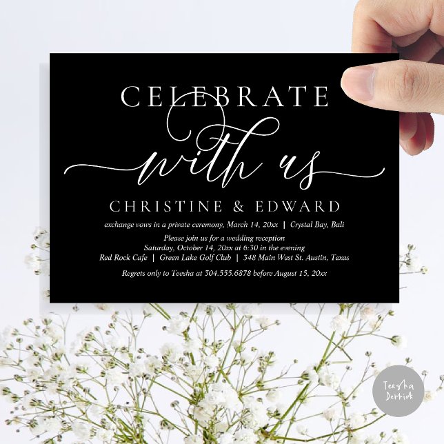 Convite Celebre conosco, Festa de Elopamento, Preto Clássi (Celebrate with us, Romantic Modern Wedding Elopement Invitation Card, PDF, in timeless Black)