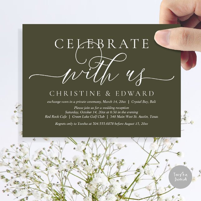 Convite Celebre conosco, Festa de Elopamento, Verde Sage (Celebrate with us, Romantic Modern Wedding Elopement Invitation Card, PDF, in Olive Green)