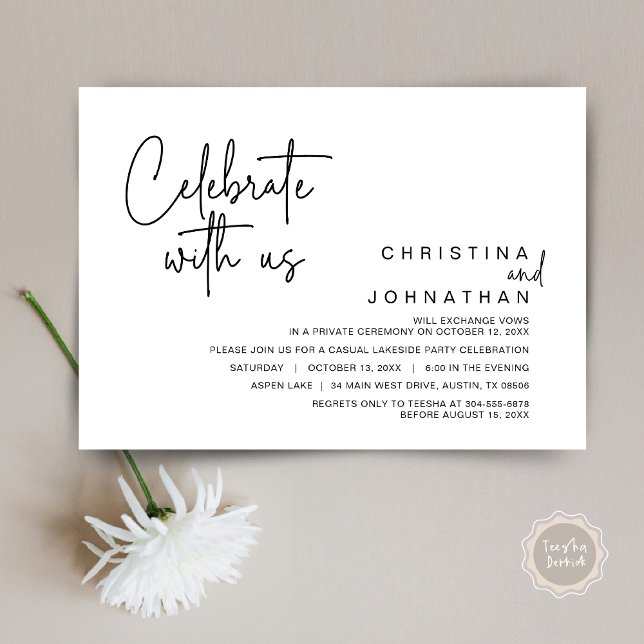 Convite Celebre conosco, Festa de Elopement Pós-Casamento (Celebrate with us, Post Wedding Elopement Dinner Party Invitation Card, PDF, Black and White)