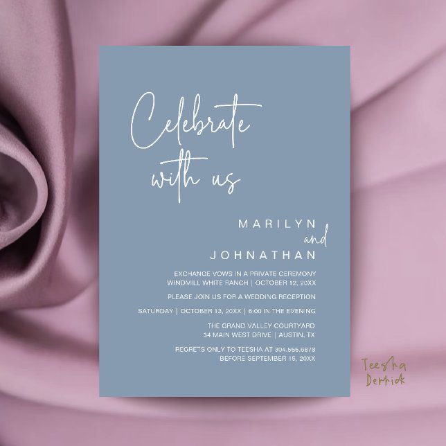 Convite Celebre conosco, Festa de Recepção de Casamento Mo (Celebrate with us, Modern Wedding Reception Dinner Party Invitation Card in Dusty Blue)
