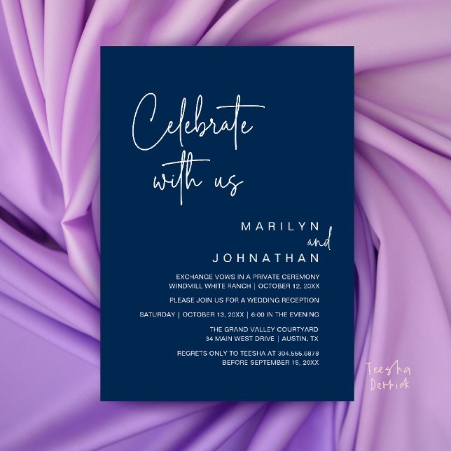 Convite Celebre conosco, Festa de Recepção de Casamento Mo (Celebrate with us, Modern Wedding Reception Dinner Party Invitation Card in Navy Blue)