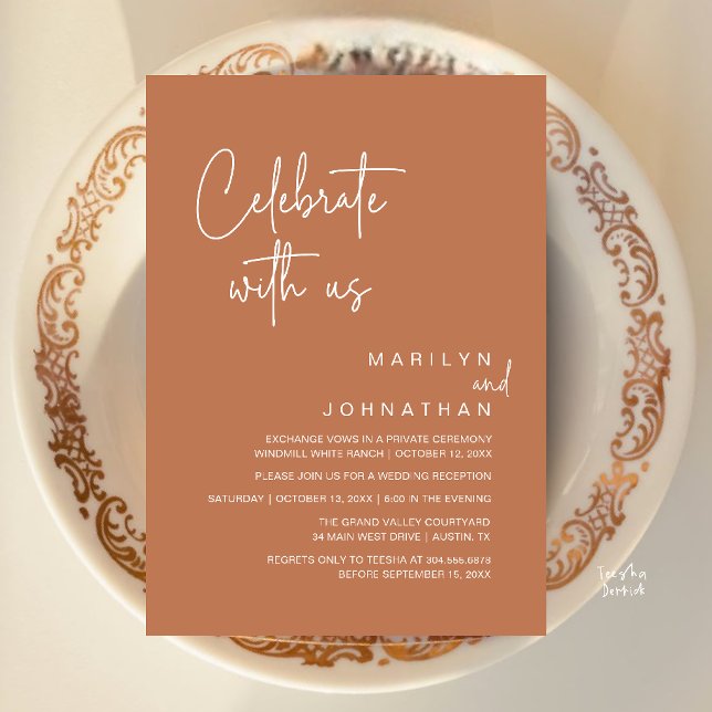 Convite Celebre conosco, Festa de Recepção de Casamento Mo (Celebrate with us, Modern Wedding Reception Dinner Party Invitation Card in Copper Brown Terracotta)