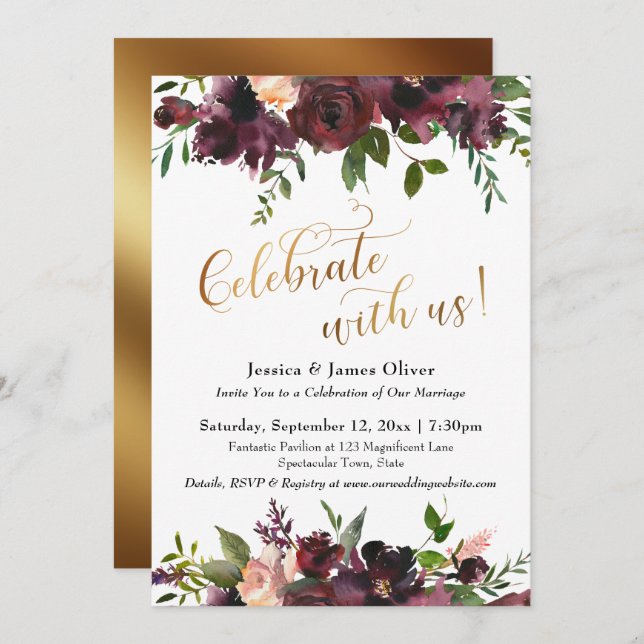 Convite Celebre conosco! Floral Vermelho Escuro e Dourado (Frente/Verso)