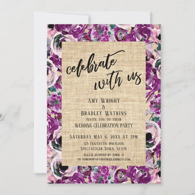Convite Celebre Conosco Flores Pintadas de Rosa em Burlap (Frente)
