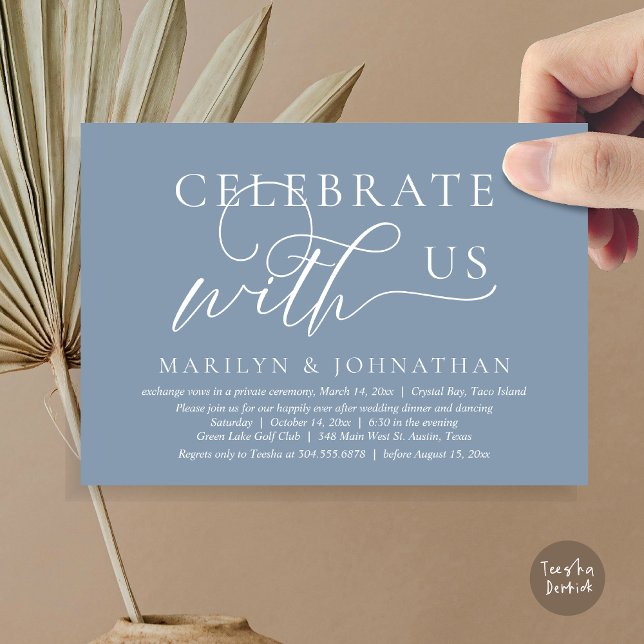 Convite Celebre conosco Jantar Dançante de Casamento Intim (Celebrate with us Wedding Elopement Dinner Dancing Invitation Card, PDF, Dusty Blue)