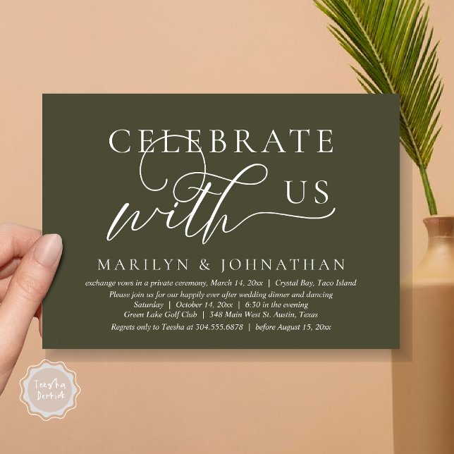 Convite Celebre conosco Jantar Dançante de Casamento Intim (Celebrate with us Wedding Elopement Dinner Dancing Invitation Card, PDF, Olive Green)
