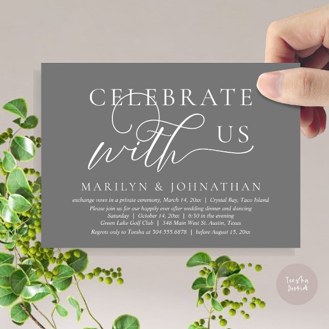 Convite Celebre conosco Jantar de Casamento Dança Fuga (Celebrate with us Wedding Elopement Dinner Dancing Invitation Card, PDF, Dark Grey)