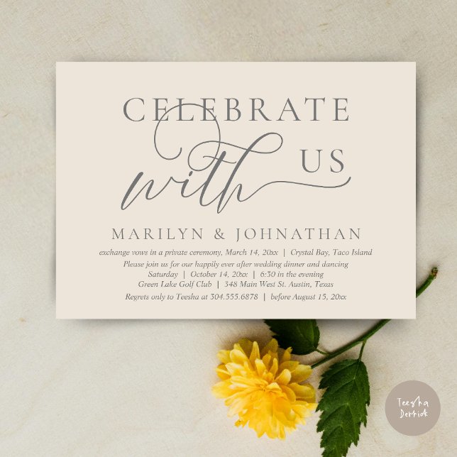 Convite Celebre conosco Jantar de Casamento Dança Fuga (Celebrate with us Wedding Elopement Dinner Dancing Invitation Card, PDF, Cream Grey)