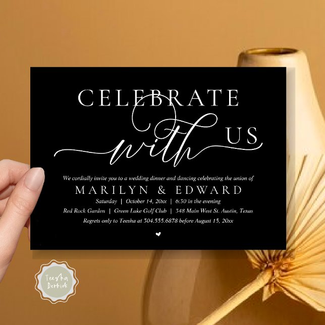 Convite Celebre conosco, Jantar de Casamento Intimo (Celebrate with us, Modern Romantic Wedding Elopement Dinner Invitation Card, PDF, in Classy Black)