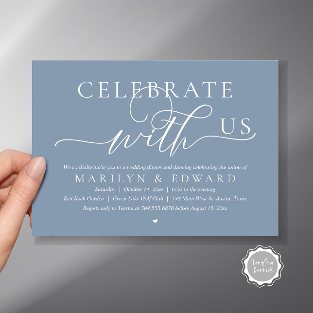 Convite Celebre conosco, Jantar de Casamento Intimo (Celebrate with us, Modern Romantic Wedding Elopement Dinner Invitation Card, PDF, in Dusty Blue)