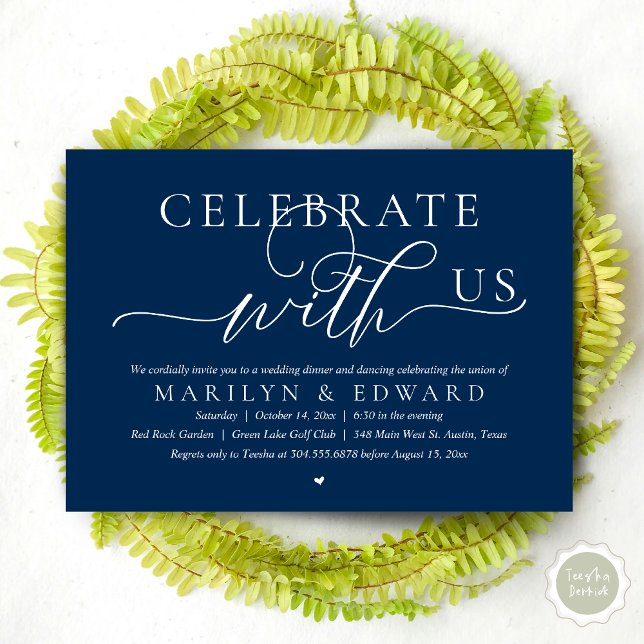 Convite Celebre conosco, Jantar de Casamento Intimo (Celebrate with us, Modern Romantic Wedding Elopement Dinner Invitation Card, PDF, in Navy Blue)