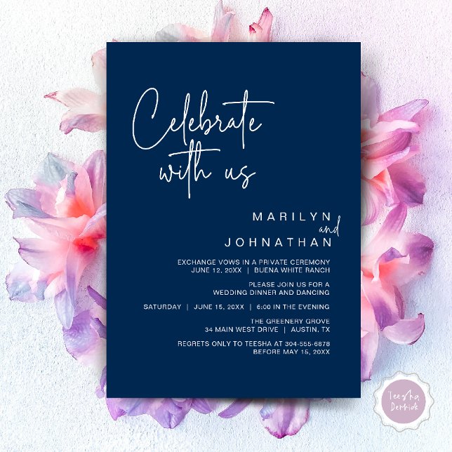 Convite Celebre conosco, Jantar de Casamento Íntimo (Celebrate with us, Modern Wedding Elopement Dinner Lunch Brunch Party Invites Card PDF Navy Blue)