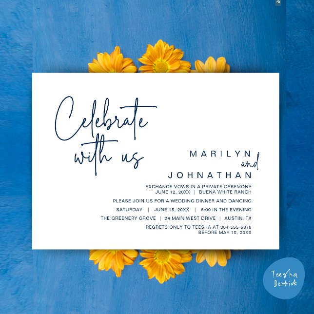Convite Celebre conosco, Jantar de Casamento Íntimo (Celebrate with us, Modern Wedding Elopement Dinner Lunch Brunch Party Invites Card PDF Navy Blue)