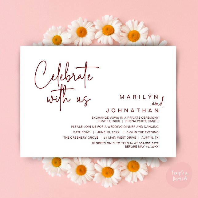 Convite Celebre conosco, Jantar de Casamento Íntimo (Celebrate with us, Modern Wedding Elopement Dinner Lunch Brunch Party Invites Card PDF Burgundy Wine)