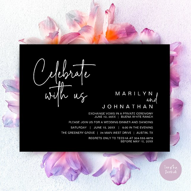 Convite Celebre conosco, Jantar de Casamento Íntimo (Celebrate with us, Modern Wedding Elopement Dinner Lunch Brunch Party Invites Card PDF Classy Black)