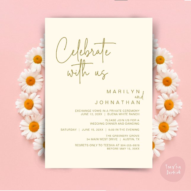 Convite Celebre conosco, Jantar de Casamento Íntimo (Celebrate with us, Modern Wedding Elopement Dinner Lunch Brunch Party Invites Card PDF Yellow Gold)