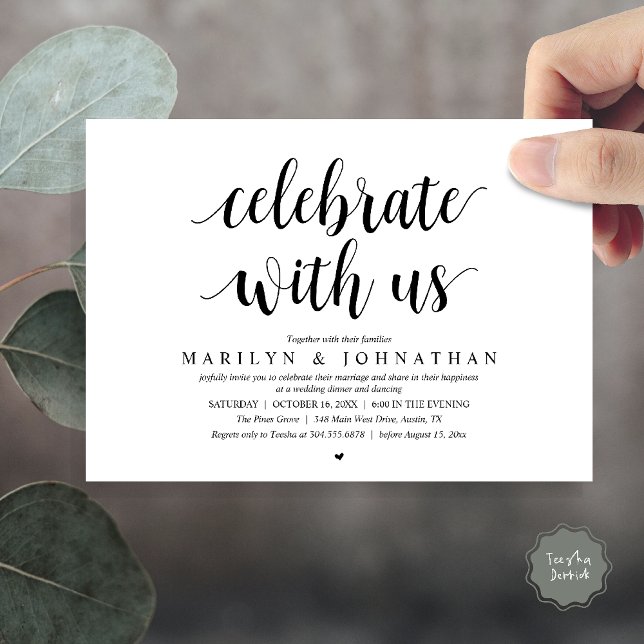 Convite Celebre conosco, Jantar de Casamento Íntimo Modern (Celebrate with us, Modern Wedding Elopement Dinner Lunch Brunch Invitation Card in Black and White)