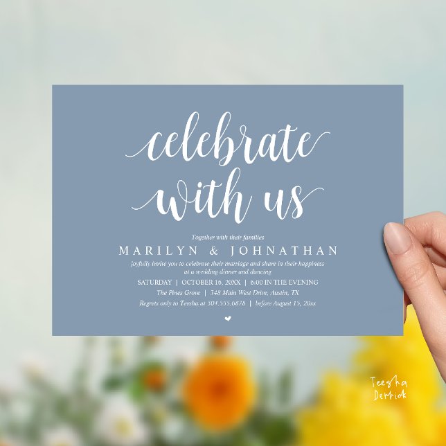 Convite Celebre conosco, Jantar de Casamento Íntimo Modern (Celebrate with us, Modern Wedding Elopement Dinner Lunch Brunch Invitation Card in Dusty Blue)