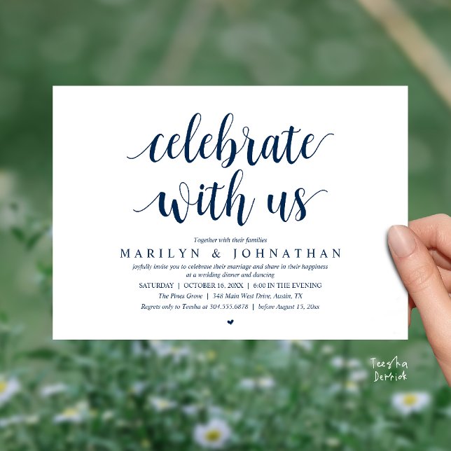 Convite Celebre conosco, Jantar de Casamento Íntimo Modern (Celebrate with us, Modern Wedding Elopement Dinner Lunch Brunch Invitation Card in Navy Blue)