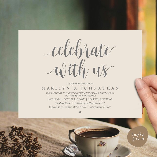 Convite Celebre conosco, Jantar de Casamento Íntimo Modern (Celebrate with us, Modern Wedding Elopement Dinner Lunch Brunch Invitation Card in Cream Grey)