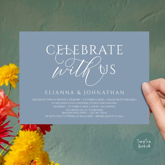 Convite Celebre conosco, Jantar de Casamento Moderno e Ele (Celebrate with us, Modern Elegant Wedding Dinner Lunch Brunch Invitation Card in Dusty Blue)