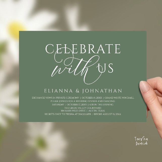 Convite Celebre conosco, Jantar de Casamento Moderno e Ele (Celebrate with us, Modern Elegant Wedding Dinner Lunch Brunch Invitation Card in Sage Green)