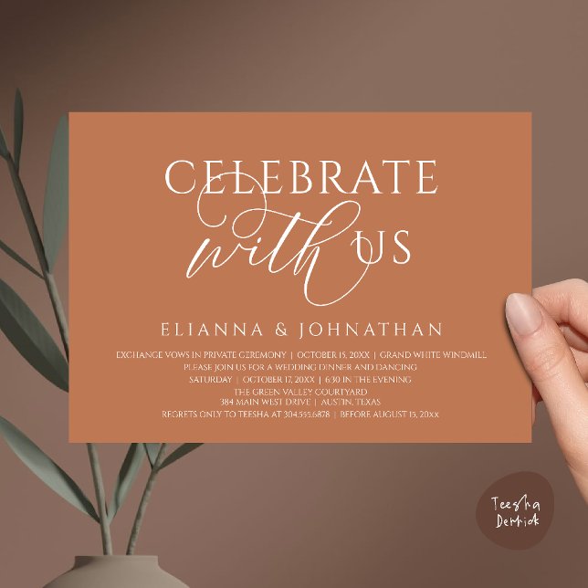 Convite Celebre conosco, Jantar de Casamento Moderno e Ele (Celebrate with us, Modern Elegant Wedding Dinner Lunch Brunch Invitation Card in Terracotta Copper)