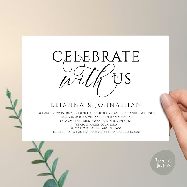 Convite Celebre conosco, Jantar de Casamento Moderno e Ele (Celebrate with us, Modern Elegant Wedding Dinner Lunch Brunch Invitation Card in Black and White)