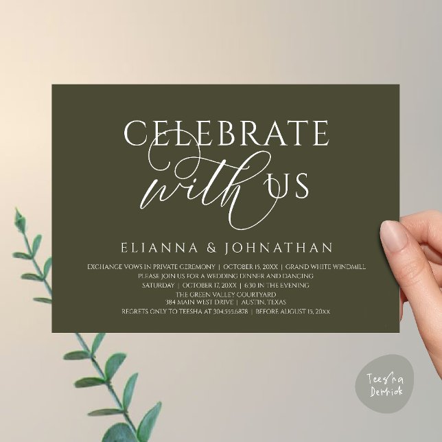 Convite Celebre conosco, Jantar de Casamento Moderno e Ele (Celebrate with us, Modern Elegant Wedding Dinner Lunch Brunch Invitation Card in Olive Green)