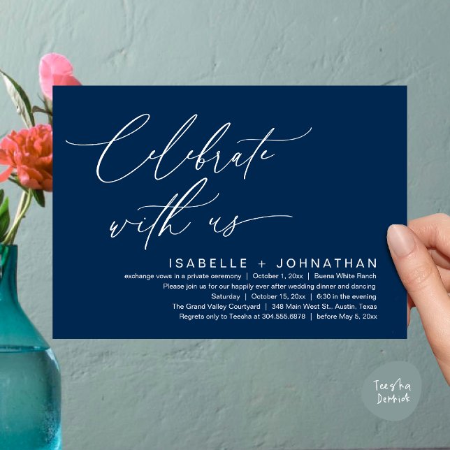 Convite Celebre conosco, Jantar de Casamento Romântico (Celebrate with us, Romantic Wedding Dinner Brunch Party Invites Card PDF Modern Classy Navy Blue)