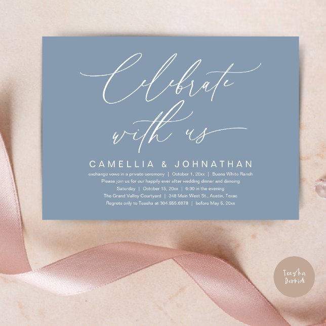 Convite Celebre conosco, Jantar de Casamento Romântico (Romantic Wedding Dinner Party, Celebrate with us Lunch Brunch Modern Invites Card  PDF Dusty Blue)