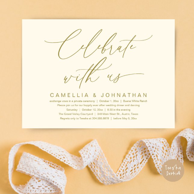 Convite Celebre conosco, Jantar de Casamento Romântico (Romantic Wedding Dinner Party, Celebrate with us Lunch Brunch Modern Invites Card  PDF Yellow Gold)