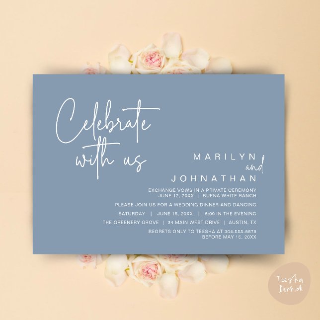Convite Celebre conosco, Jantar de Elopamento de Casamento (Celebrate with us, Modern Wedding Elopement Dinner Lunch Brunch Party Invites Card PDF Dusty Blue)