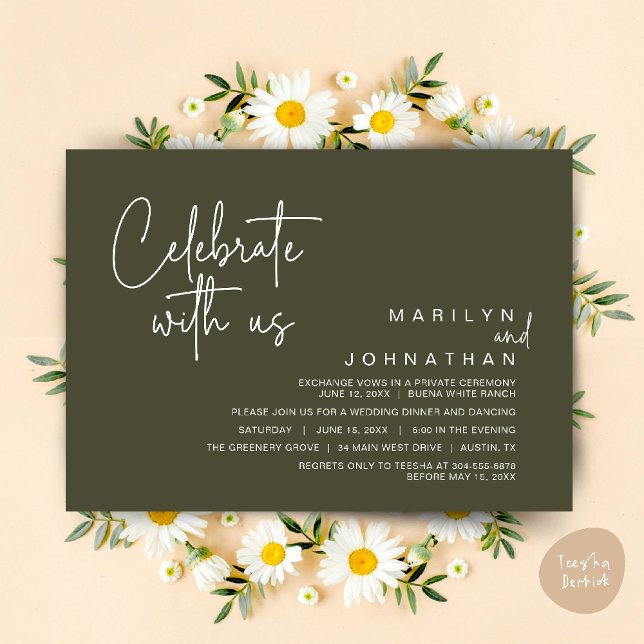 Convite Celebre conosco, Jantar de Elopamento de Casamento (Celebrate with us, Modern Wedding Elopement Dinner Lunch Brunch Party Invites Card PDF Olive Green)