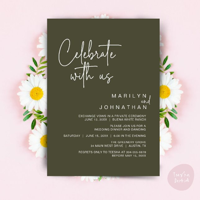 Convite Celebre conosco, Jantar de Elopamento de Casamento (Celebrate with us, Modern Wedding Elopement Dinner Lunch Brunch Party Invites Card PDF Olive Green)
