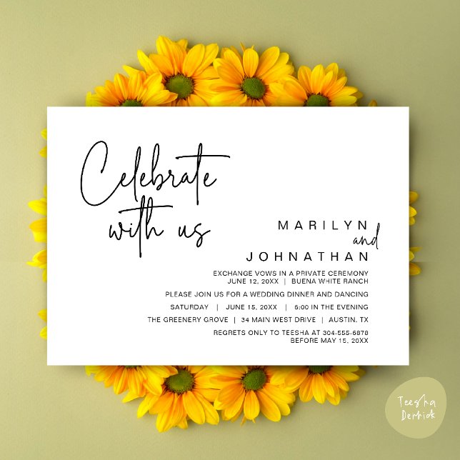 Convite Celebre conosco, Jantar de Elopement de Casamento (Celebrate with us, Modern Wedding Elopement Dinner Lunch Brunch Party Invites Card PDF White Black)