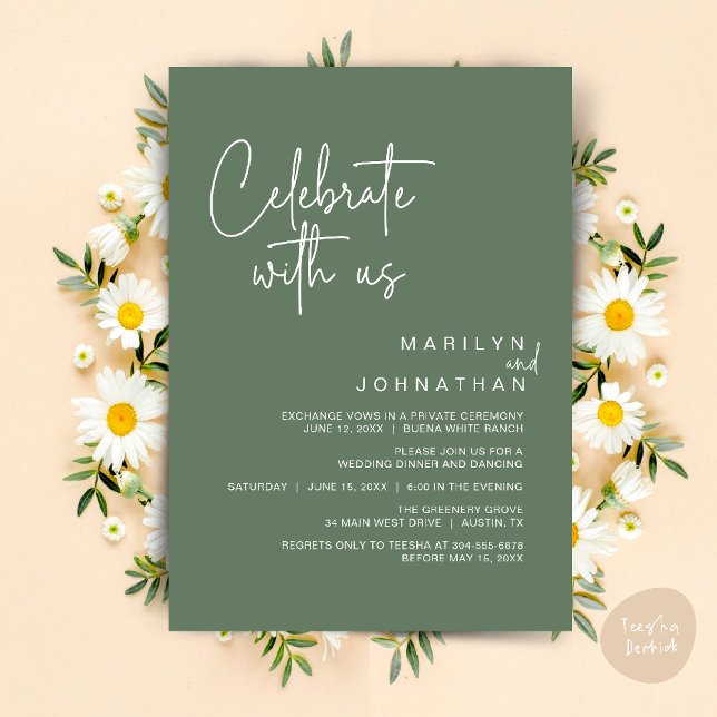 Convite Celebre conosco, Jantar de Elopement de Casamento (Celebrate with us, Modern Wedding Elopement Dinner Lunch Brunch Party Invites Card PDF Sage Green)