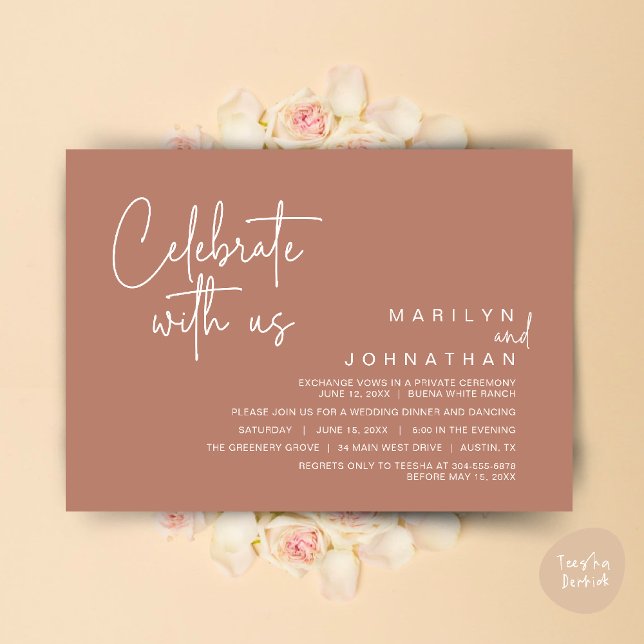 Convite Celebre conosco, Jantar de Elopement de Casamento (Celebrate with us, Modern Wedding Elopement Dinner Lunch Brunch Party Invites Card PDF Earthy Brown)